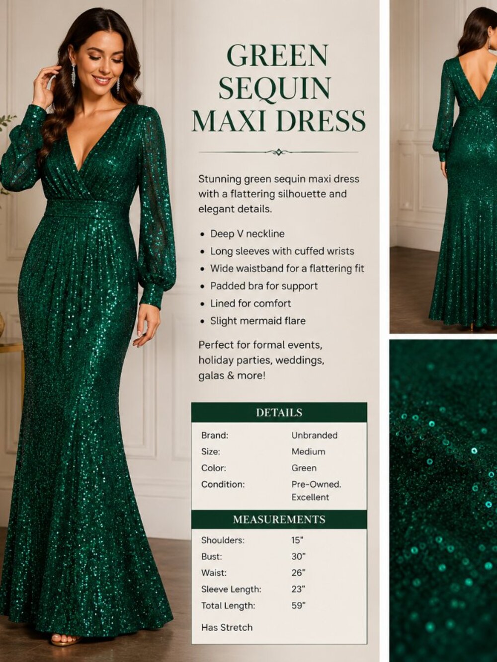 Green Sequin Maxi Dress Womens Medium Deep V Mermaid Evening Gown - Picture 5 of 5